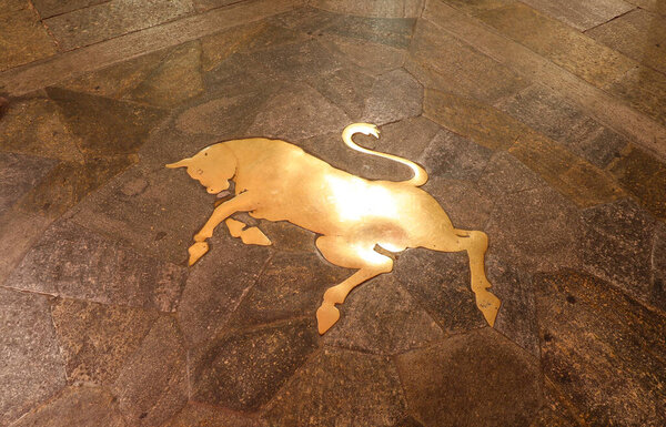 Turin, TO, Italy - June 2, 2025: big BULL symbol of the city of TURIN in the sidewalk