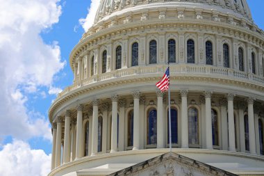 Başkent Washington 'daki Amerikan Kongre Binası' nın devasa kubbesinin önünde büyük bir Amerikan bayrağı sallıyor.