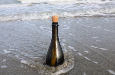 Mantar tıpalı cam şişe kıyıya vurmuş. Belki gizli bir mesaj içeriyordur.