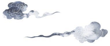 Japon desenli el yapımı Çin bulutu. Doğu dekorasyonu, logo tasarımı, el ilanı, afiş veya klasik tarzda sunum. Geometrik simgelerle siyah ve beyaz suluboya dokusu