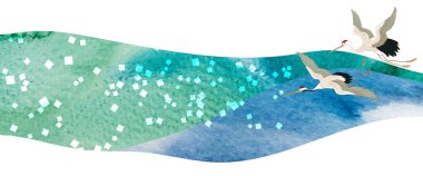 Turna kuşu unsuru. Geometrik desenli soyut sanat şablonu. Japonca arka plan ve suluboya doku vektörü. Doğu tarzında dağ manzarası tasarımı. Mavi ve yeşil bayrak