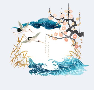 Yaprakları ve çiçek süslemesi olan bir dal. Turna kuşu elementiyle kiraz çiçeği. Suluboya doku vektörüyle sanat doğal manzara. El çizimi dalga ve bulut nesnesi.