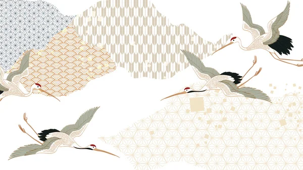 일본의 웨이브 배너가 추상적 두루미의 예술적 관련된 배경은 고전적 방식으로 — 스톡 벡터