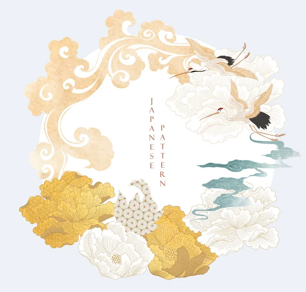 Fundo Japonês Com Vetor Textura Ouro Floral Peônia Flor Onda —  Vetores de Stock