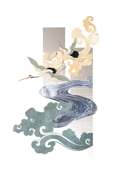 Вектор Птахів Журавлів Японське Тло Ручним Намальованим Китайським Вектором Хмар — стоковий вектор
