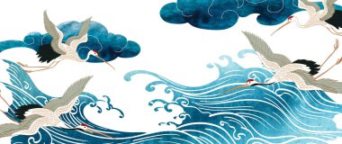 Turna kuşu unsuru. Japon Çin Bulutu 'yla mavi fırça darbesi deseni ve klasik tarzda el dalgası deseni. Suluboya doku vektörlü soyut sanat afiş tasarımı.