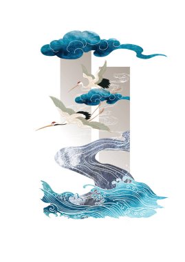 Japon arka planı, dalga ve Çin bulut vektörü. El çizimi dekorasyon logosu ve klasik tarzda simge. Sanatsal afiş tasarımlı turna kuşu ögesi