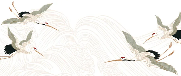 Handgezeichnetes Wellenelement Mit Japanischem Mustervektor Orientalische Goldlinien Dekoration Mit Kranichvögeln — Stockvektor