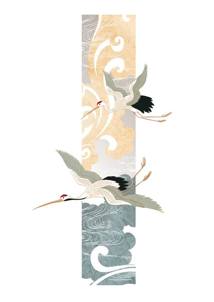 Crane Birds Vector Chinese Cloud Element Japanese Style Background Англійською — стоковий вектор
