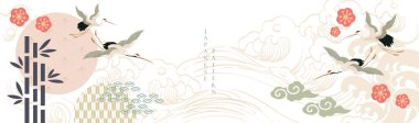 Turna kuşu ve sanat doğal manzara arka planı ve Asya geleneksel ikon vektörü. Kiraz çiçeği yaprakları ve bulut elementi dekorasyonu klasik tarzda. Bambu ve el çizimi dalga pankartı tasarımı