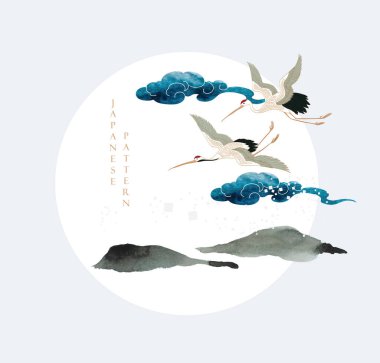 Turna kuşu vektörü. Japon arka planında suluboya boya boya var. Doğu doğal dalga deseni, dağ ve Çin bulut süsleme afişi, klasik tarzda.. 