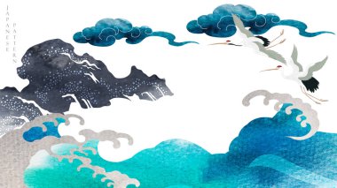 Turna kuşu elementleri Mavi suluboya desenli Japon arka planı. Taş ve okyanus dekorasyonlu doğulu doğal dalga deseni klasik tarzda pankart tasarımı.. 