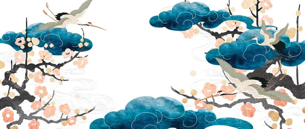Вектор Журавля Японский Фон Текстурой Акварели Восточный Природный Облачный Узор — стоковый вектор