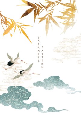 Eski tarz mavi suluboya desenli Çin bulut süslemeleri. Elle çizilmiş elementlerle bambu yapraklı soyut sanat manzarası