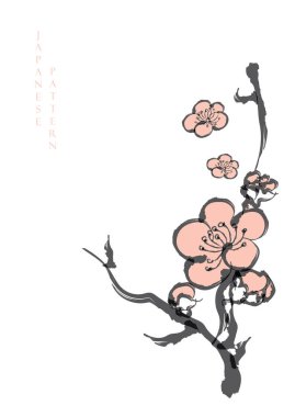 Japonların arka planında Çin suluboya dokusu var. Klasik tarzda fırça darbesi dekorasyonu pankart tasarımlı doğulu doğal desen. Kiraz çiçeği desenli bir dal.