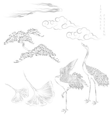 Klasik tarzda el çizimi elementi olan Japon simgesi. Vinç kuşlarının afiş tasarımı ile sanat manzara afişi tasarımı. Asya tarzında doğal bir element. Çin bulutu, Bonsai, Ginko gider.