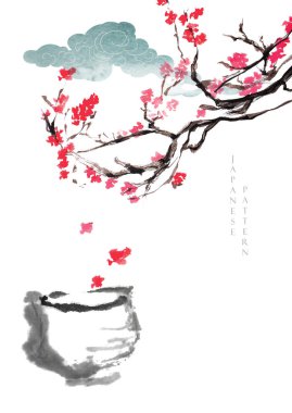  Bulut ve çay fincanı elementli kiraz çiçeği deseni. Suluboya desenli Japon arkaplanı. Çin boyası, fırça fırçası, eski tarz pankart tasarımı.. 
