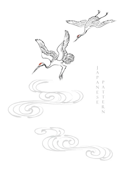 Крэновые Птицы Нарисованной Рукой Волной Японский Фон Вектором Акварели Мазка — стоковый вектор