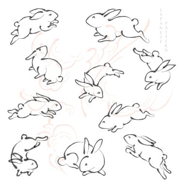 Rabbit icon collection with hand drawn line cloud elements in Japanese style. Chinese painting brush stroke with watercolor texture in vintage style. clipart