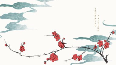 Branch 'ın yaprakları ve çiçek dekorasyonuyla klasik tarzda sanat manzarası. Ay elementiyle kiraz çiçeği. Çin bulut vektörü.