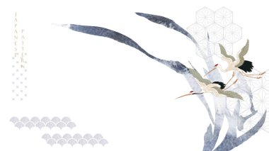 Vinç kuşları, gri suluboya desenli Çin çiçek süslemeleri. El çizimi elementlerle Japon geometrik desenli soyut sanat manzarası