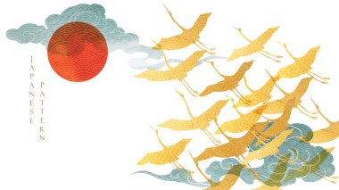 Elle çizilmiş Çin bulutu ile Japon desenli altın turna kuşu elementi. Flyer, pankart ya da klasik tarzda sunumlu oryantal dekorasyon. Geometrik simgelerle suluboya dokusu