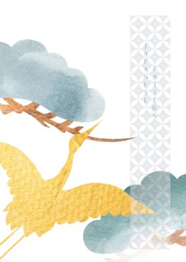 Altın turna kuşu vektörü. Japon arka planında suluboya boya boya var. Oriental doğal bulut deseni. Bonsai ağaç dalı afişi klasik tarzda. Geometrik desen ögesi