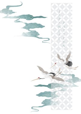 Eski tarz mavi suluboya desenli Çin bulut süslemeleri. El çizimi elementleri olan vinç kuşlarıyla soyut sanat manzarası. Geometrik desen.