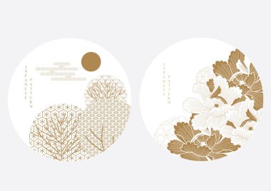 Japon bulut ve çiçek desenli el çizimi bulut. Doğu dekorasyonu, logo tasarımı, el ilanı, afiş veya klasik tarzda sunum. Kahverengi suluboya dokusu.