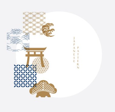 Abstract landscape with Japanese wave pattern vector banner. Nature art background with bamboo and bonsai tree invitation card template in vintage style. Asian traditional icon and symbol design.