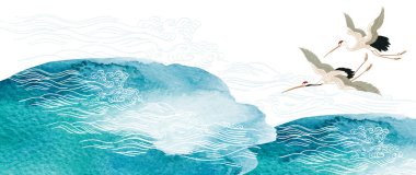 Crane birds vector. Japanese background with watercolor texture painting element vector. Asian natural wave pattern with ocean sea decoration banner design in vintage style. Marine template