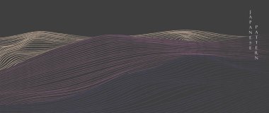 Hand drawn wave element with Japanese pattern vector. Colorful line decoration with black banner design, flyer or presentation in vintage style. Ocean sea elements. Mountain landscape background