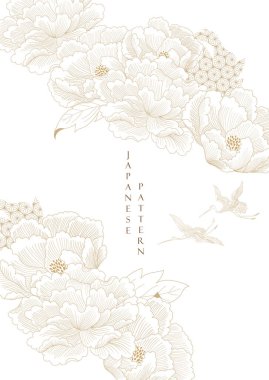 Peony flower and crane birds with hand drawn illustration in vintage style. Gold floral pattern in vintage style. Oriental flora  banner design in retro style.