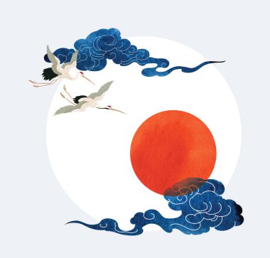 Turna kuşu vektörü. Eski tarz mavi suluboya desenli Çin bulut süslemeleri. El çizimi elementlerle kırmızı güneşli soyut sanat manzarası