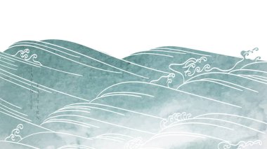 Japanese background with hand drawn wave in vintage style. Art chinese landscape banner design. Water surface element with blue watercolor texture