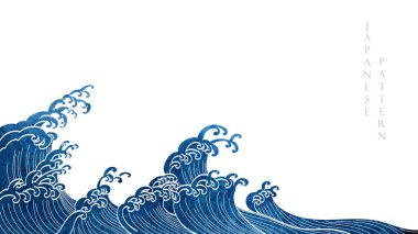 Chinese background with blue watercolor texture painting element vector. Oriental natural wave pattern with ocean sea decoration banner design in vintage style. Marine template