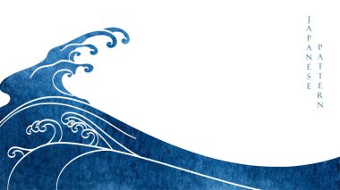 Japanese background with blue watercolor texture painting element vector. Oriental natural wave pattern with ocean sea decoration banner design in vintage style. Marine template