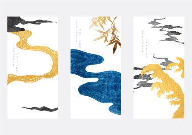 Oriental blue and gold natural wave pattern with ocean sea decoration banner design in vintage style. Japanese background with black watercolor texture painting element vector. Marine template