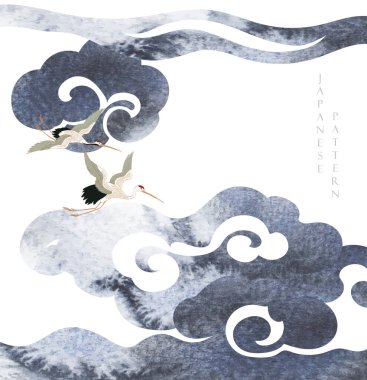 Crane birds element. Black and white brush stroke texture with Japanese chinese cloud pattern in vintage style. Abstract art landscape banner design with watercolor texture vector