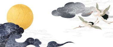 Black chinese cloud decorations with gold sun and moon watercolor texture in vintage style. Abstract art landscape with crane birds with hand drawn wave elements