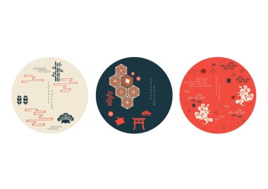 Abstract art landscape with Asian traditional background element. Bamboo tree , bird, leave, cloud and bonsai decoration with hand drawn line wave and Japanese cloud in vintage style. Logo and icon