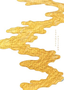 Japon arka planında altın suluboya desenli element vektörü var. Doğu doğal dalgası desenli, okyanus dekorasyonu pankart tasarımlı, klasik tarzda. Denizci şablonu.