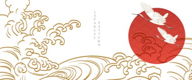 Turna kuşu vektörü. Elle çizilmiş el dalgası elementleriyle kırmızı güneş, Çinlilerin el yapımı dalga süslemeleri, klasik tarzda. Soyut sanat manzarası.