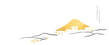 Fuji dağ manzarası tasarımı, doğu tarzında el çizimi dalgalar. Altın ve siyah suluboya dokuma vektörlü Japonca arkaplan. 