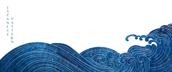 Japanese background with blue watercolor texture painting element vector. Oriental natural wave pattern with ocean sea decoration banner design in vintage style. Marine template.