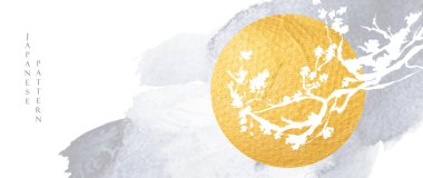 Altın güneş suluboya desenli Çin gri bulut süslemeleri. Kiraz çiçeği dallı soyut sanat manzarası.