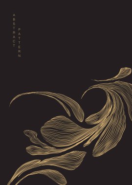 El çizimi doku vektörlü soyut sanat kara arka planı. Çiçek desenli afiş tasarımı. Lüks dekorasyonla doğal dekorasyon. Altın çiçekli çerçeve ve kenar. 