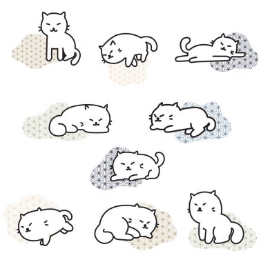 Renkli çizgi film kedileri seti. Basit modern geometrik model düz stil vektör çizimi Japon tarzında. Güzel klipsli kedi karalama seti, komik vektör simgeleri. El çizimi taslak kedi karakterleri 