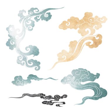 Japon çene desenli mavi, kahverengi ve siyah fırça darbeleri klasik tarzda bulut deseni. Suluboya doku vektörlü soyut sanat afiş tasarımı.