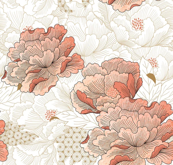 Peony Virágos Zökkenőmentes Minta Elem Japán Háttér Akvarell Textúra Keleti — Stock Vector
